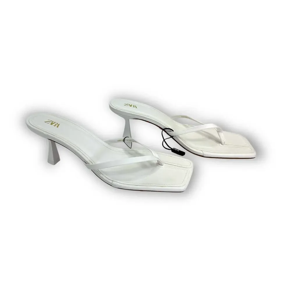 Zara Strappy Toe Post Heeled Leather Sandals Size EU 41 US 10 White Square Toe - Picture 3 of 14